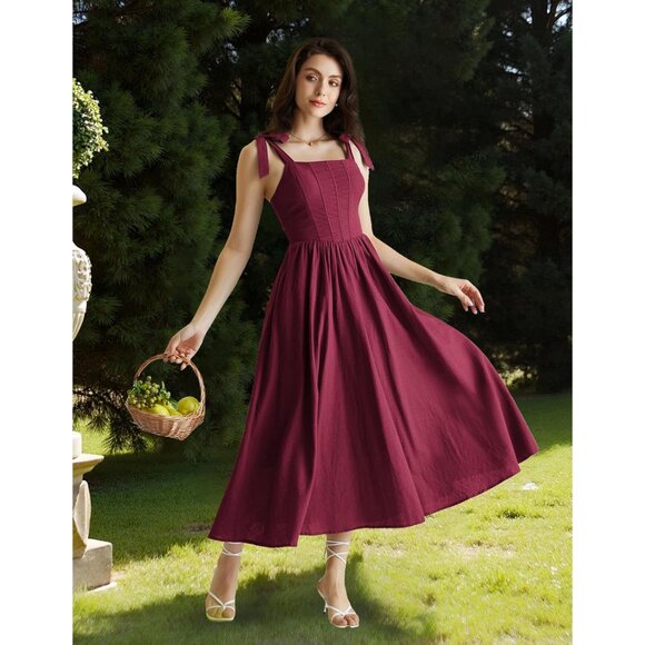 Women Corset Dress Square Neck Cottagecore Fishbone A-Line Sundress - Picture 3 of 9